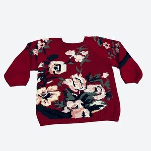 Vintage Womens Jennifer Reed Hand Knit Dark Red Floral Sweater Size S